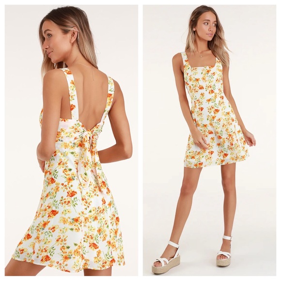 Lulu's Floral Mini Dress - White and Orange - Picture 1 of 6